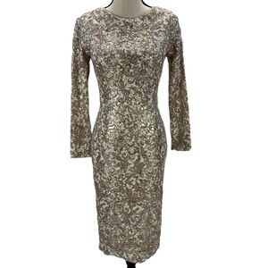 XScape Long Sleeve Sequin Lace Midi Dress - Beige / Sand - size 4P